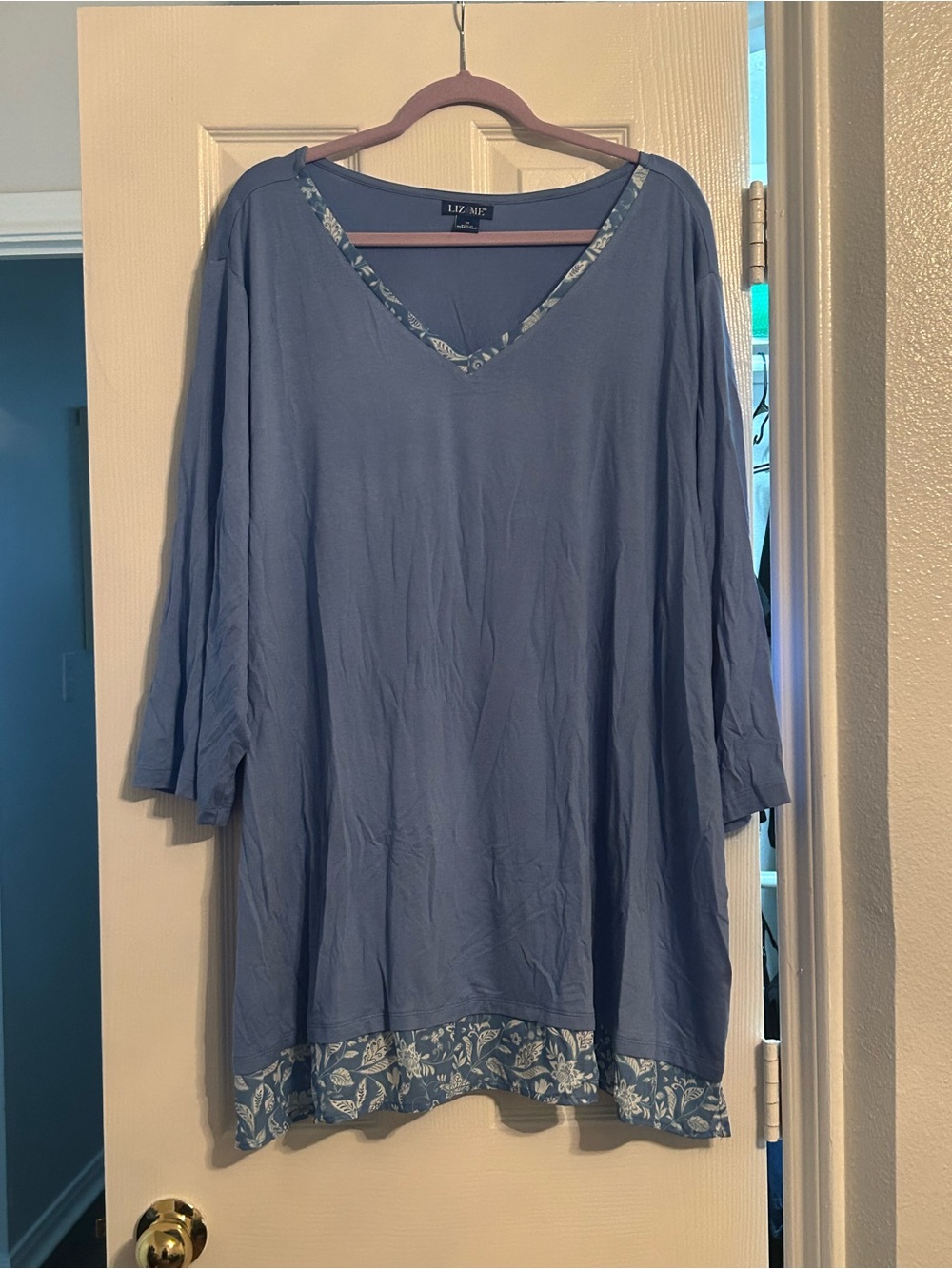 Liz & Me Blue V-Neck Tunic with Floral Trim